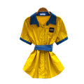 Korean style commute chic: denim patchwork turn-down collar shirt - women's summer short sleeve, cinched waist, tie-up, slimming, designer top