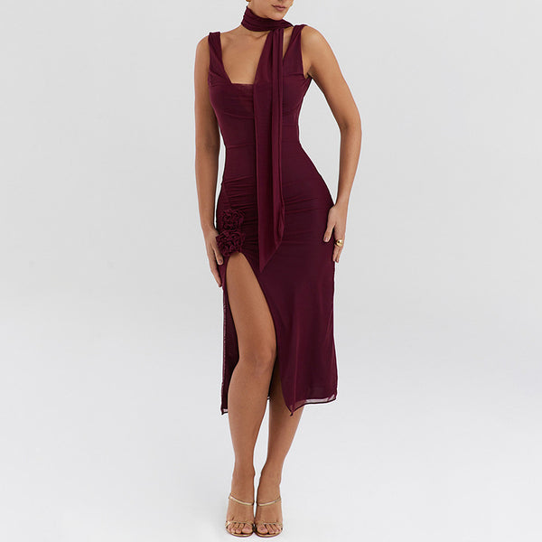 wish  hot-selling new products, sexy trend mesh stitching swing collar suspender open fork backless hip skirt