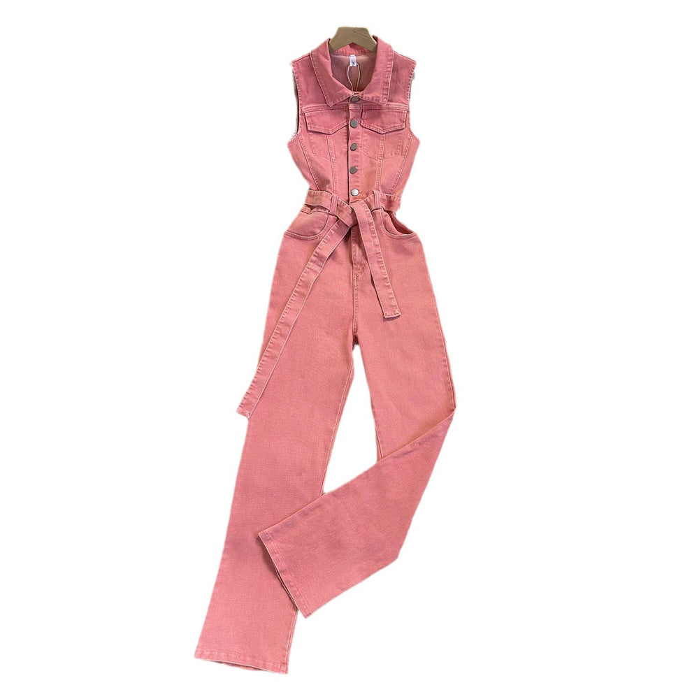 Hong kong style retrochicsense of design strap waist slimming look lapel metal buckle jeans jumpsuit