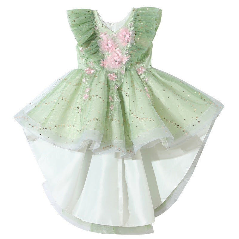 Girls' princess dress, hostess gown, children's outfit, white birthday dress, holiday dress, runway dress, wedding dress with train, piano dress for kids