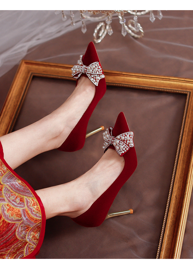 Wedding shoes for women 2024 new arrival bridal shoes burgundy xiuhe wedding dress non-tiring high heels french wedding red shoes
