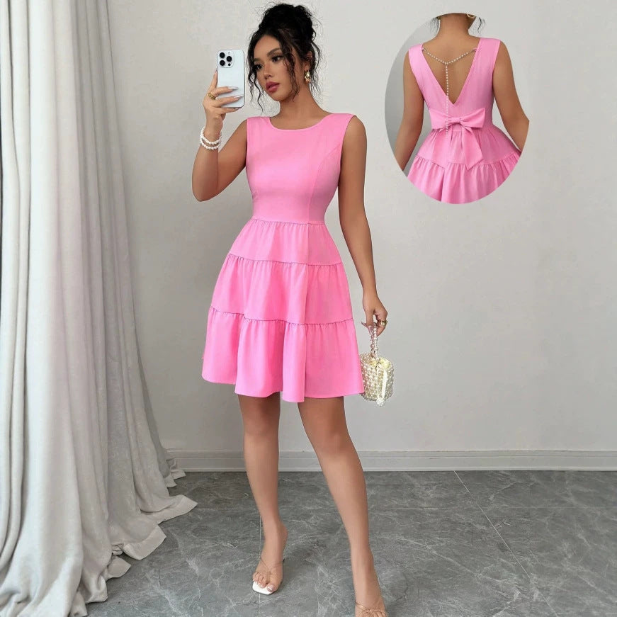 european and american cross-border bowknot backless sleeveless tank dress with cinched waist