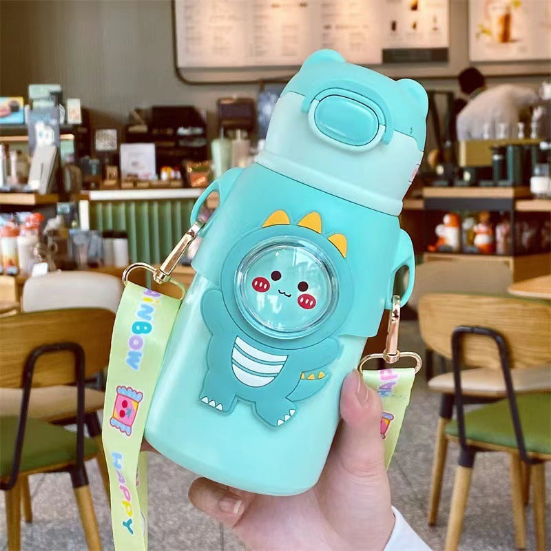 New cartoon character double-drink kids' thermos cup, 316 stainless steel food-grade water bottle with sleeve and straw