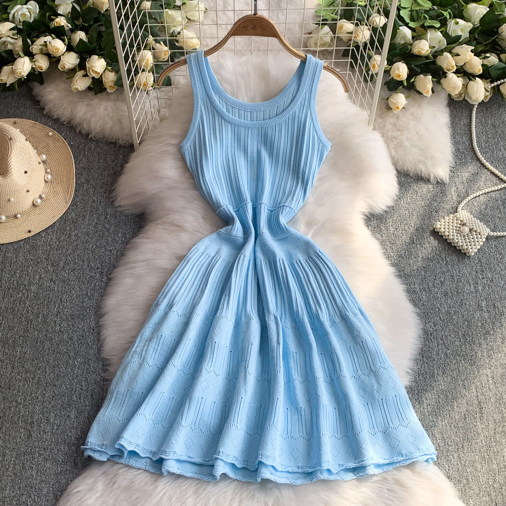 French blue u-neck sleeveless knit dress - women's new summer casual a-line midi dress, slimming and figure-flattering for curvy figures