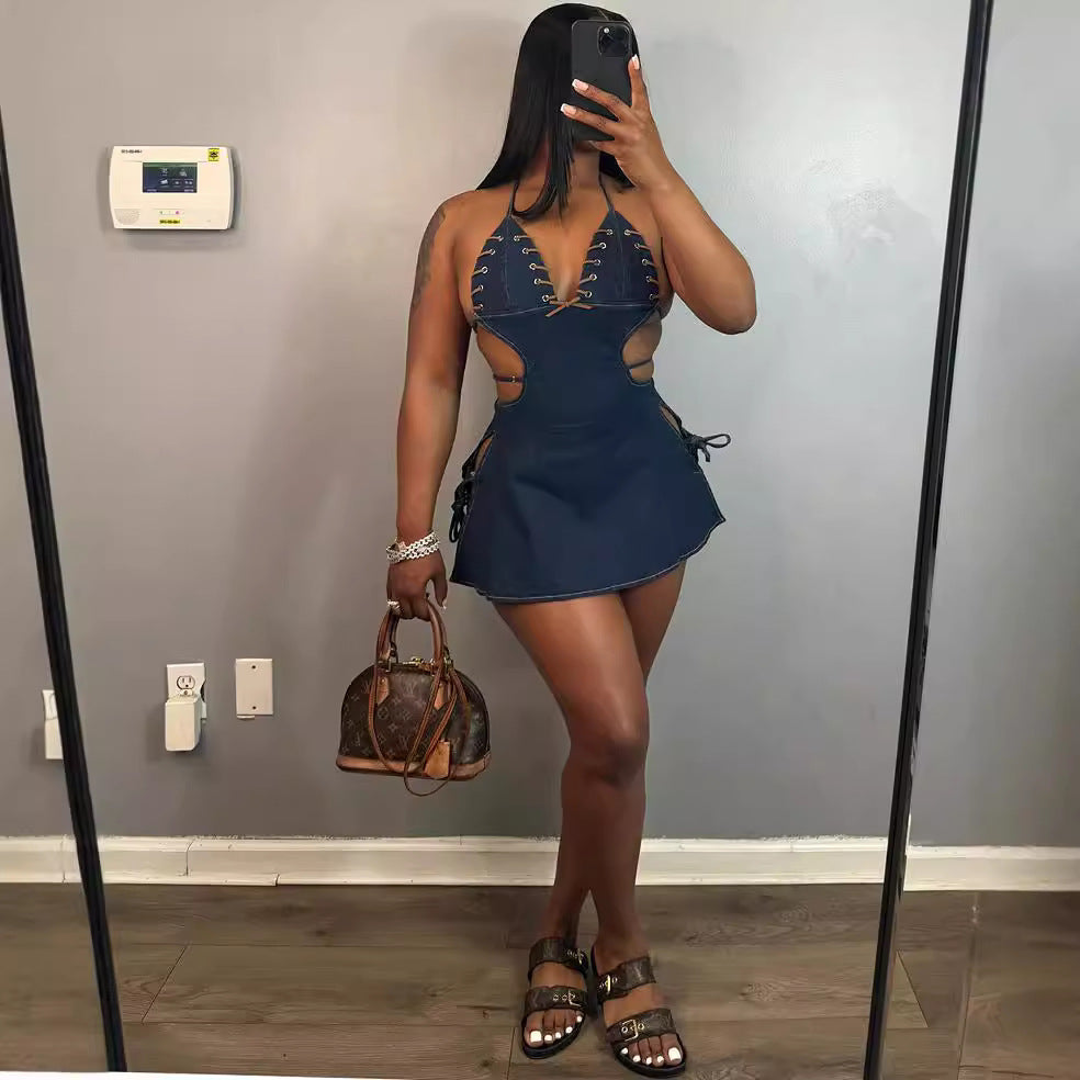 Fashion cross-border women's clothing  women's denim suspender skirt fashionsexy backless slit mini suspender skirt