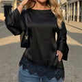 Round neck large horn long sleevestops women's asymmetrical hem lacepatchworklooseelegant women's clothing export cross-border
