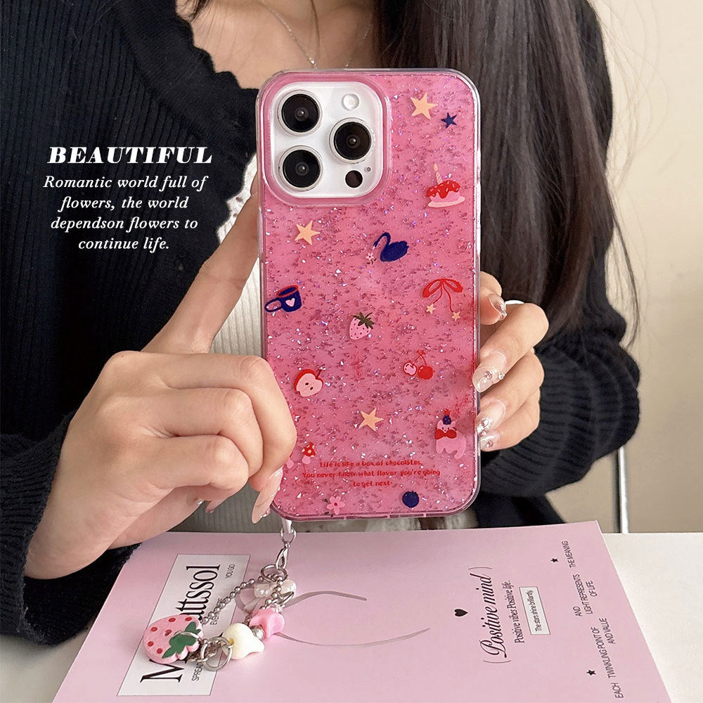 Suitable for iphone 16 pink glitter sequin mobile phone case apple 17 cute strawberry girly heart anti-fall glue case
