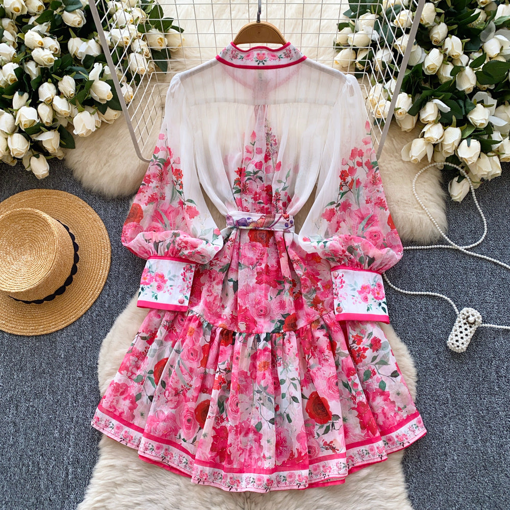 French spring new arrivaldress women's strap waist stand collar lantern sleeve single breasted waist ruffles printing skirt
