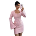 summer new arrival: black puff sleeve square neck tweed fitted waist vintage dress