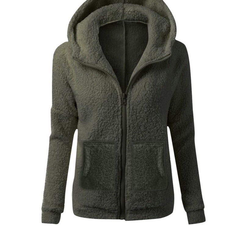 women's fashion solid color hoodie - loose fit plush zip-up jacket top