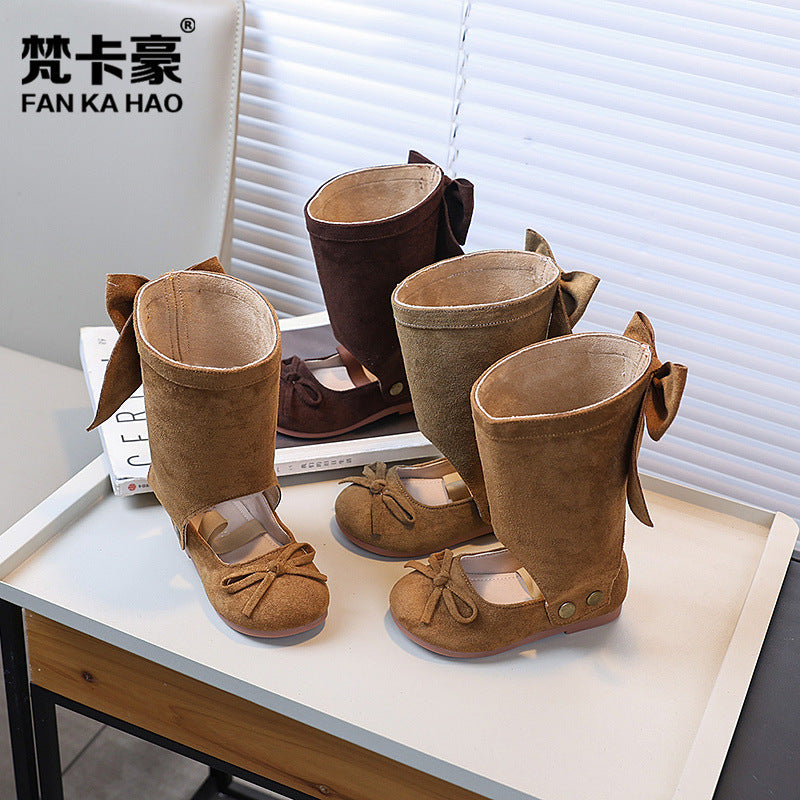 Vancahao ballet style leather boots  new korean style girls' bowknot princess shoes kids' fashion over-the-knee boots trendy