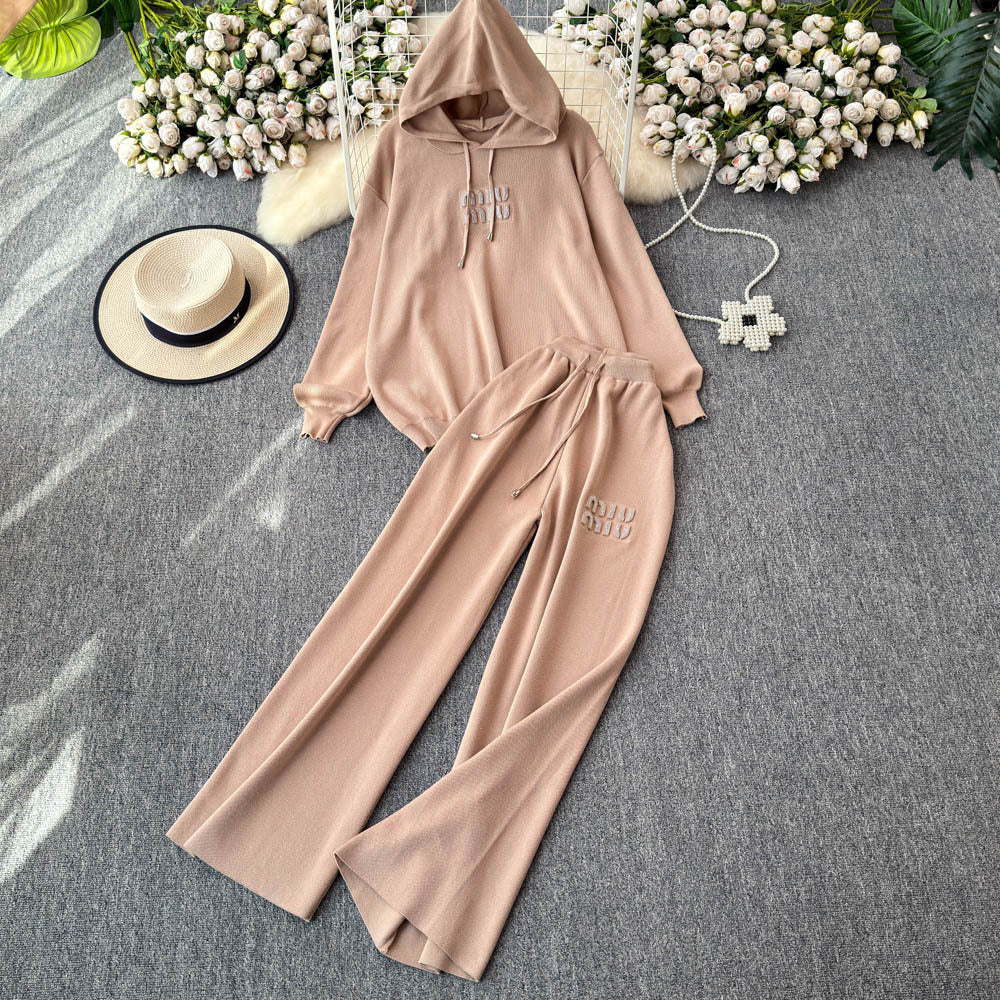 Autumn/winter european & american style letter jacquard knit hoodie top + high-waisted drapey wide-leg pants casual two-piece set