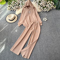 Autumn/winter european & american style letter jacquard knit hoodie top + high-waisted drapey wide-leg pants casual two-piece set