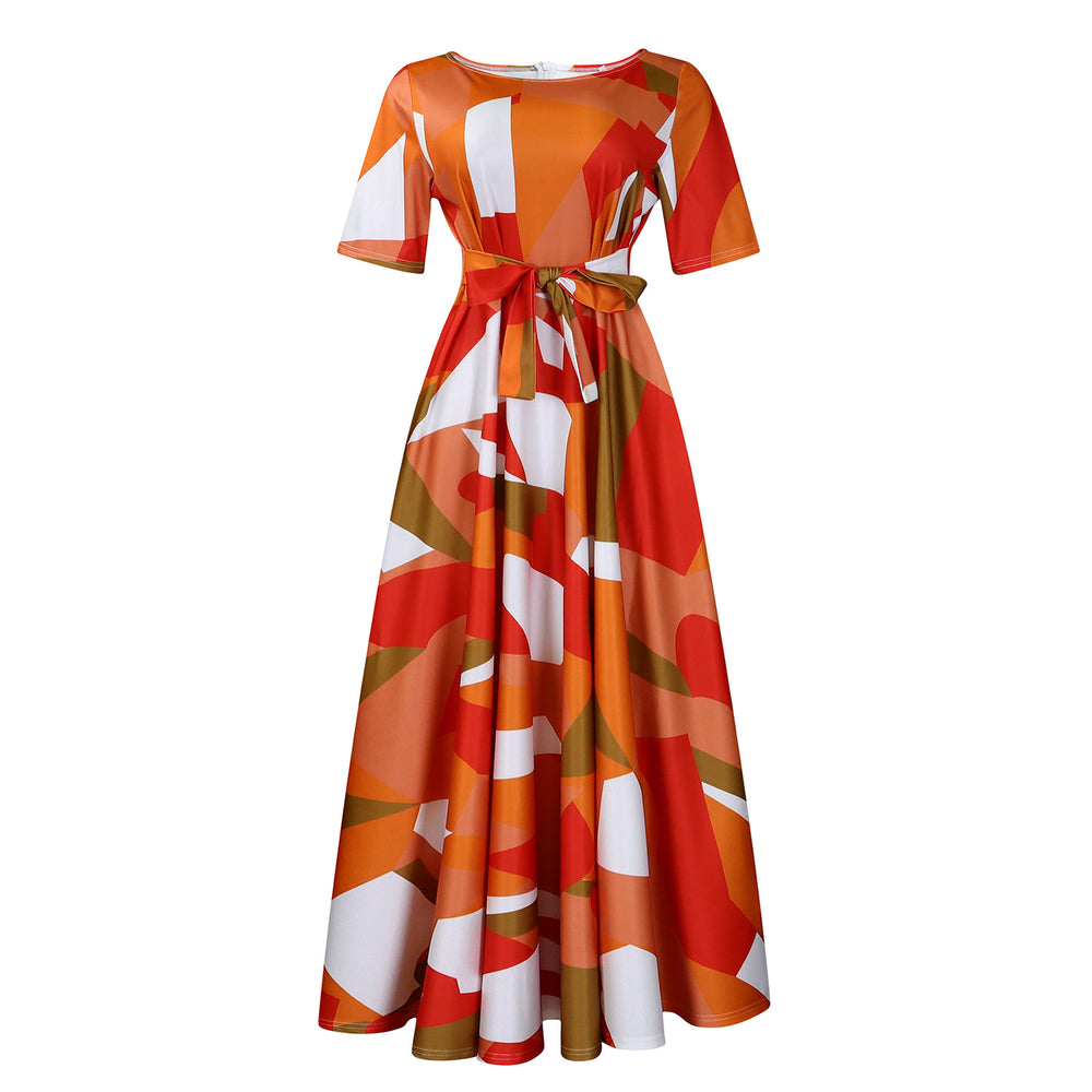 D3266 cross-border women's clothing  new fashion elegant lace-up african large size short-sleeved large swing foreign trade dress