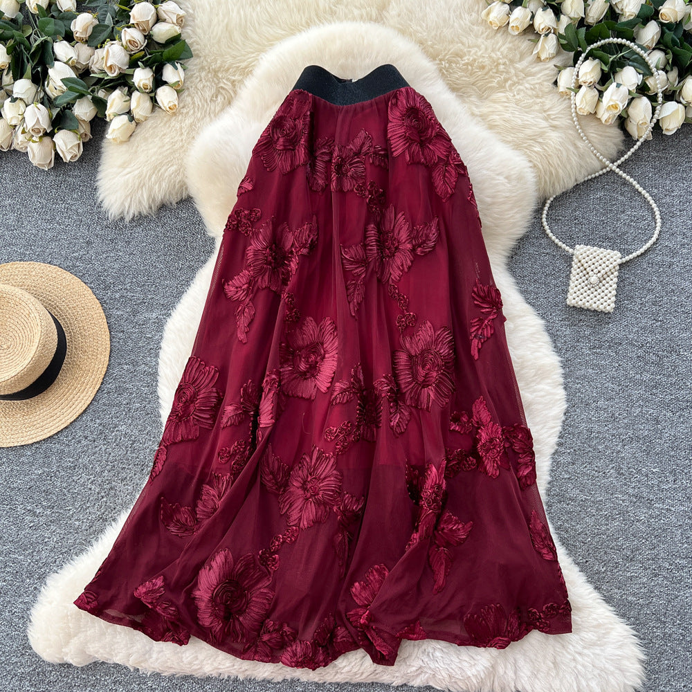 Frenchniche stylefashioneasiest for matchflowerembroiderhigh waist mesh skirt women's autumclassy sense of style mid-length skirt