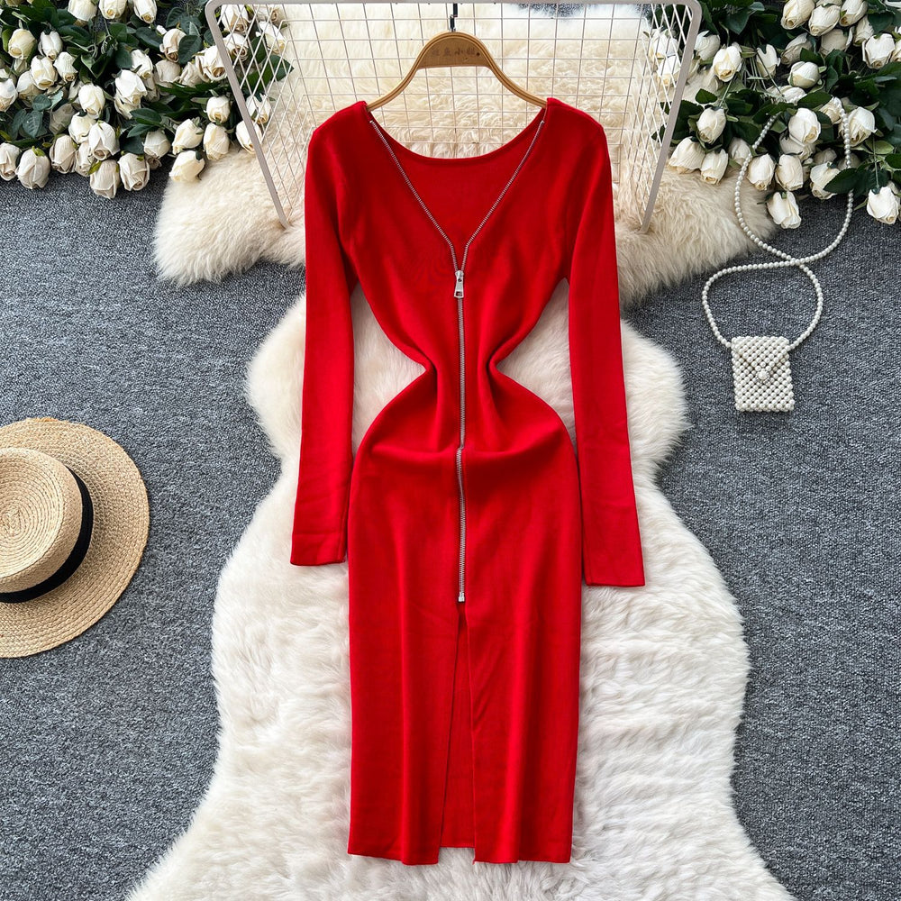 Korean style chic design v-neck zipper long sleeve slim-fit dress - women's autumn waist-cinching slit sweater dress