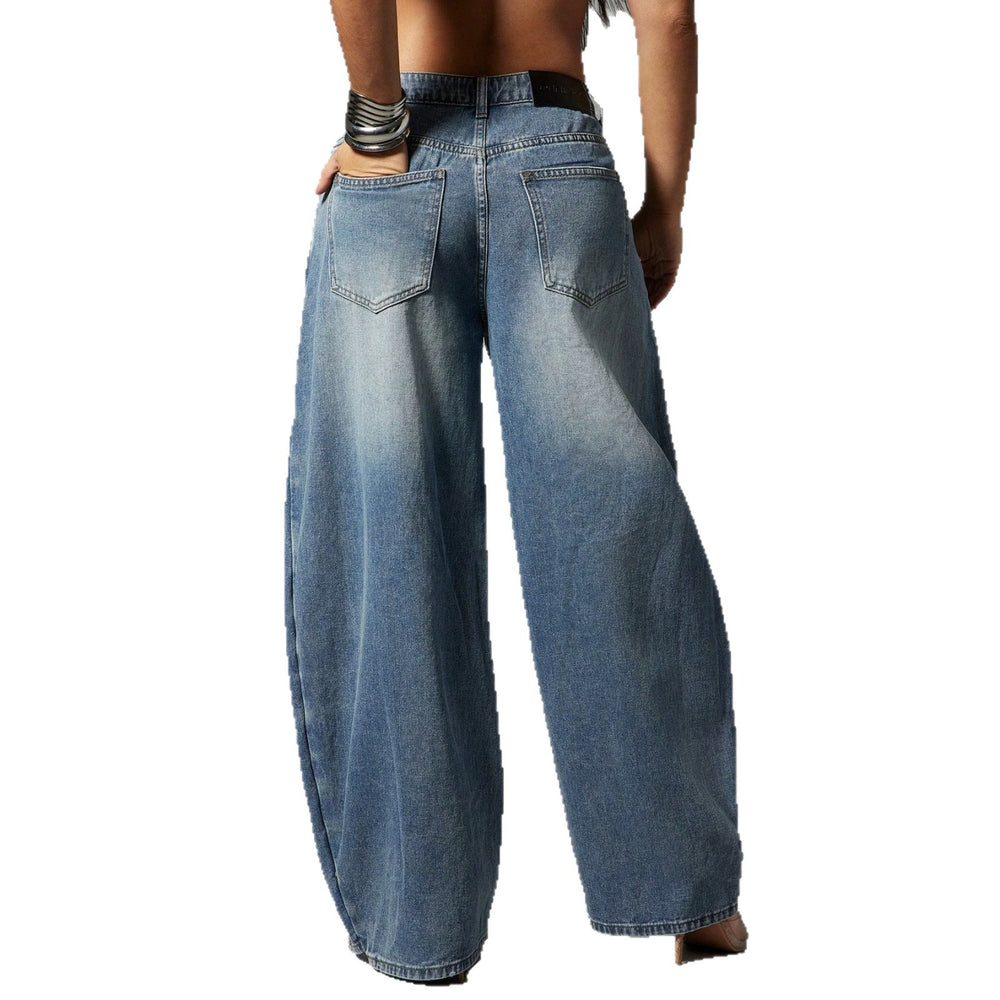 High street fashionjeans women's diagonal metal buckle loose pants gradient washed loosedraped denim moppants