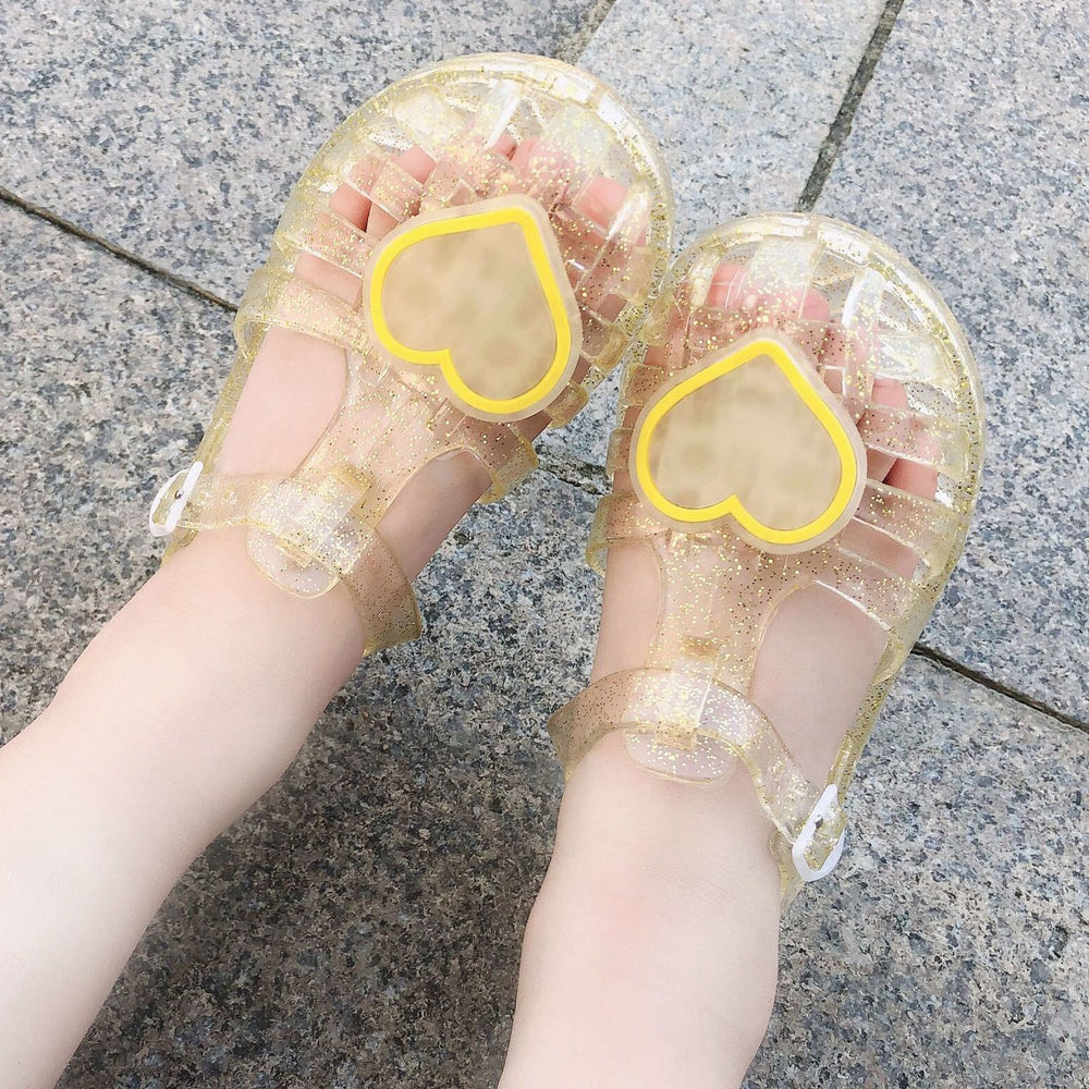 European and american fashion summer baby girl crystal toe jelly sandals and slippers - girls' casual heart-shaped princess beach shoes