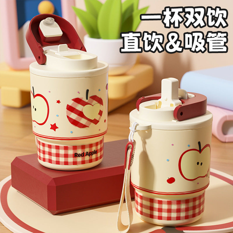 Kids' cartoon double-drink insulated mug, 316l stainless steel coffee cup, stylish design for girls, portable car water bottle with straw