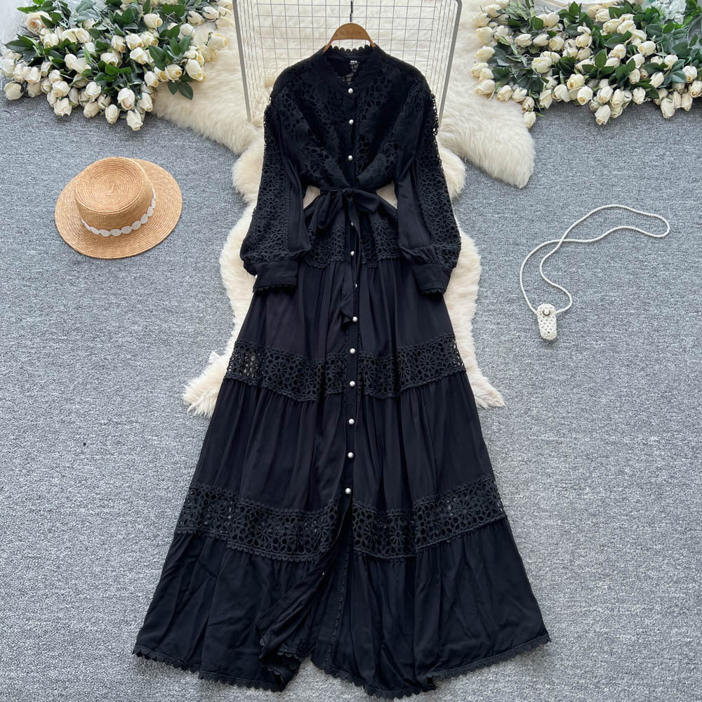 French retro court style heavy embroidered hollow-out lace patchwork tie-waist single-breasted elegant long dress for women