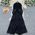 French retro court style heavy embroidered hollow-out lace patchwork tie-waist single-breasted elegant long dress for women