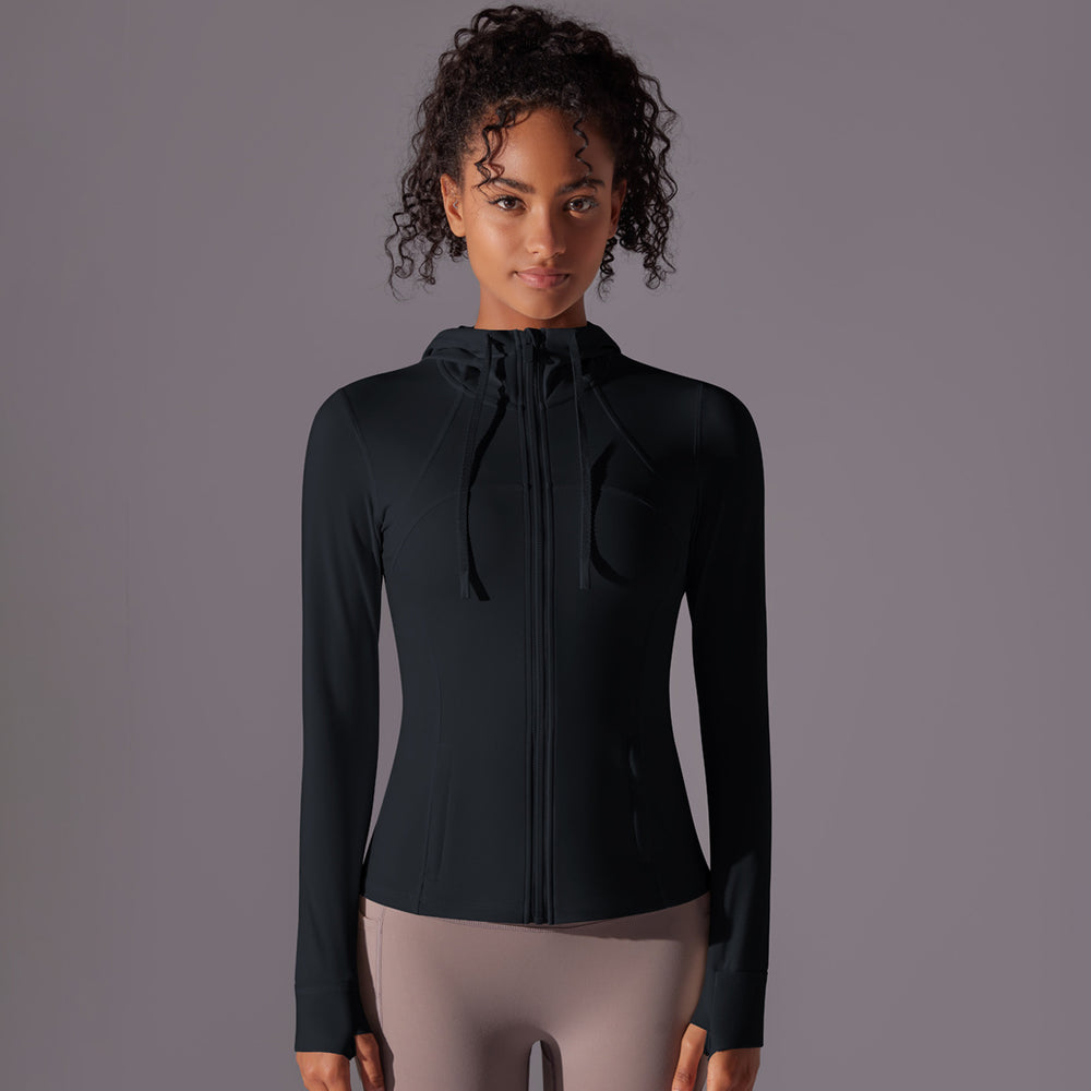 New double-sided nylon solid color zipper pocket hooded sports jacket running fitness yoga long sleeve outerwear for women