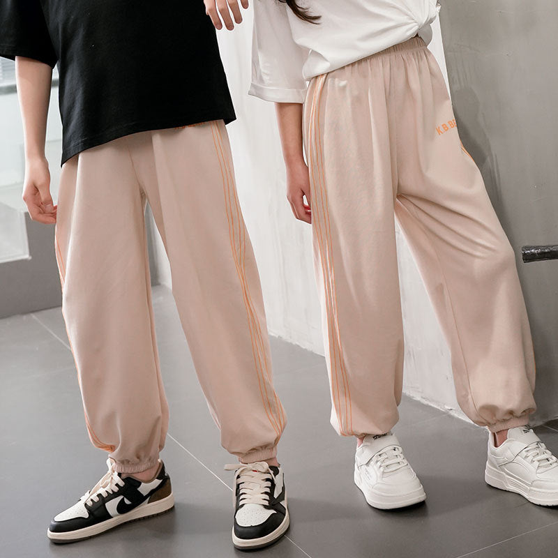kids' summer lightweight joggers - solid color, side stripe, casual, unisex, anti-mosquito, home pants with elastic cuffs