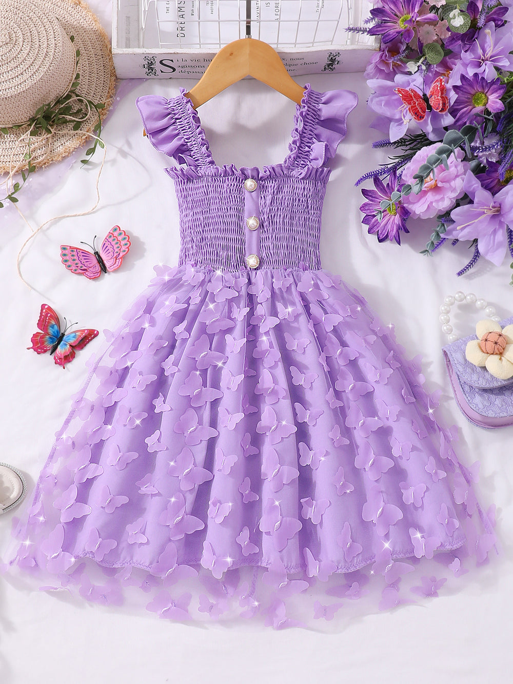 Girls' dress for toddlers and young children, corset-style dress with 3d butterfly flutter sleeves