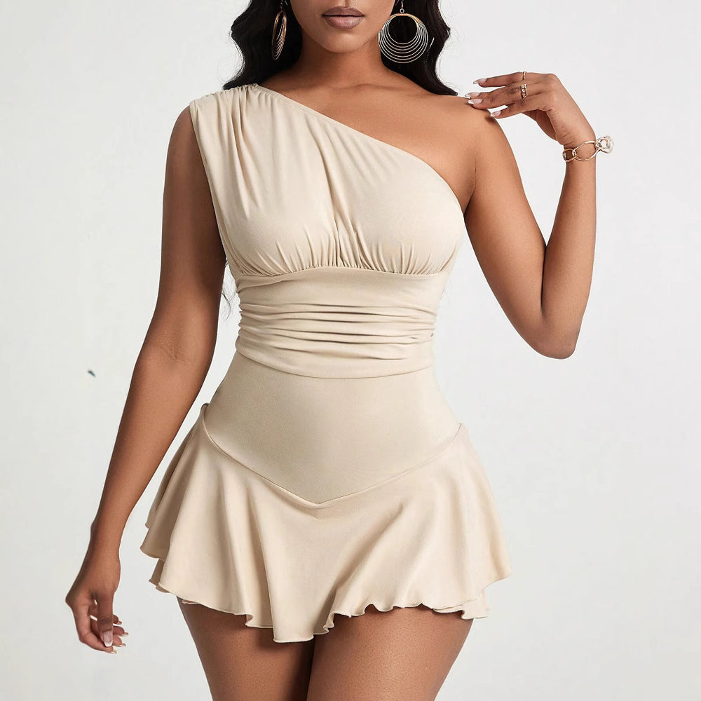spring/summer new arrivals:  cross-border women's clothing - elegant and intellectual style dress, asymmetrical neckline, high-waisted, ruffle hem mini dress