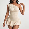 spring/summer new arrivals:  cross-border women's clothing - elegant and intellectual style dress, asymmetrical neckline, high-waisted, ruffle hem mini dress