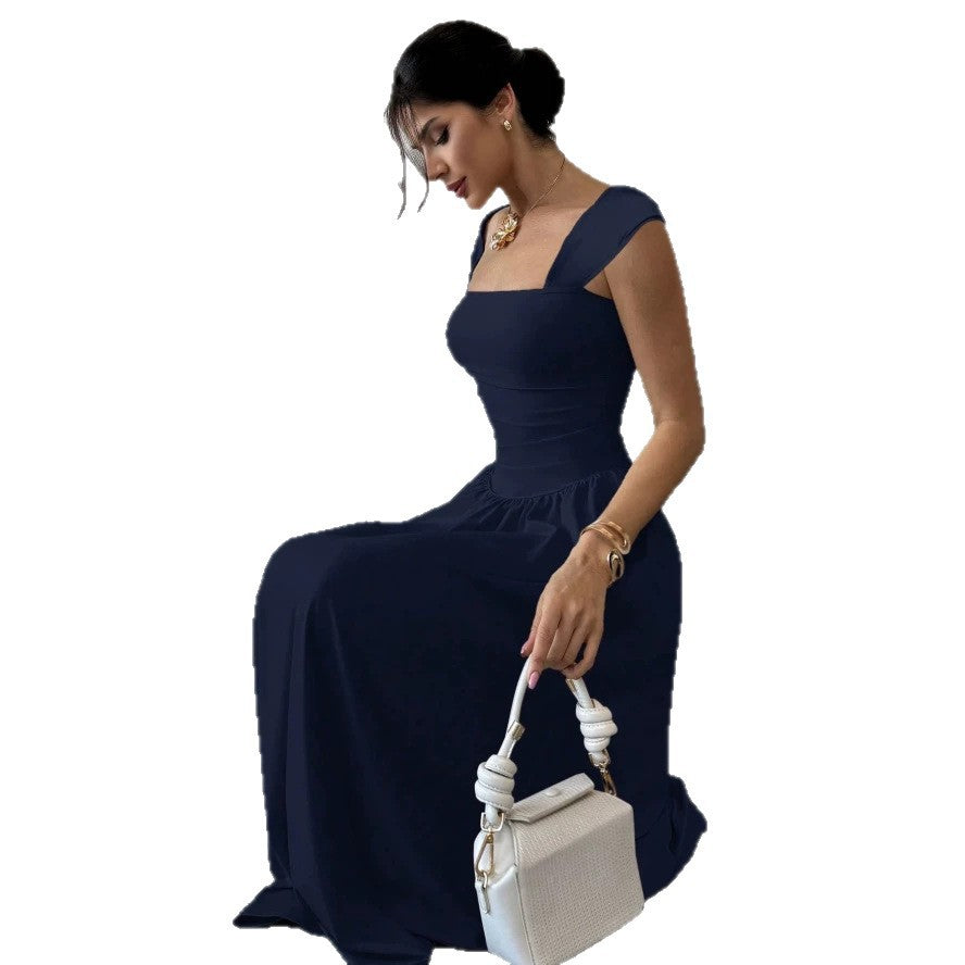 european and american summer new arrival: square neck, waist-defining, elegant maxi dress