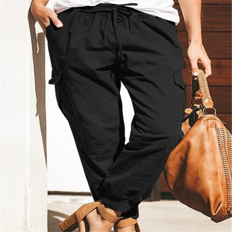 export european and american women's clothing pure colorcasualfashionflap pocket pantsworkwearpants
