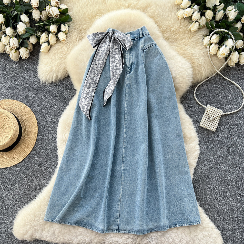 K-styleretroartsy silk scarf denimcasual skirt women's springhigh waistslimming looka-line long skirtwork clothinghong kong style