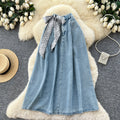 K-styleretroartsy silk scarf denimcasual skirt women's springhigh waistslimming looka-line long skirtwork clothinghong kong style