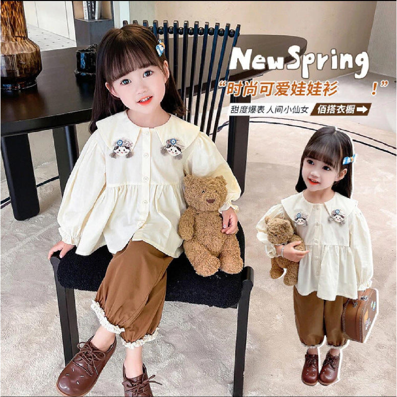 Girls' spring long-sleeve new style fashionable children's clothes baby doll shirt trendy kids' wear turn-down collar for girls