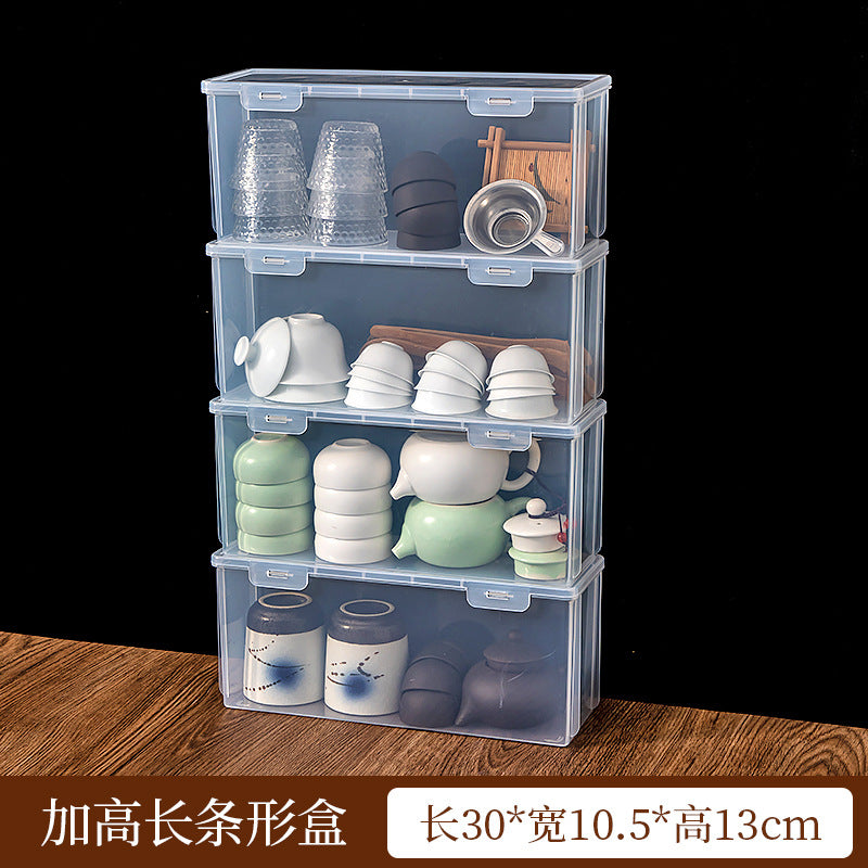 Plastic Kung Fu tea teacup tea set storage box with lid, dustproof and stackable multi-functional transparent desktop storage box