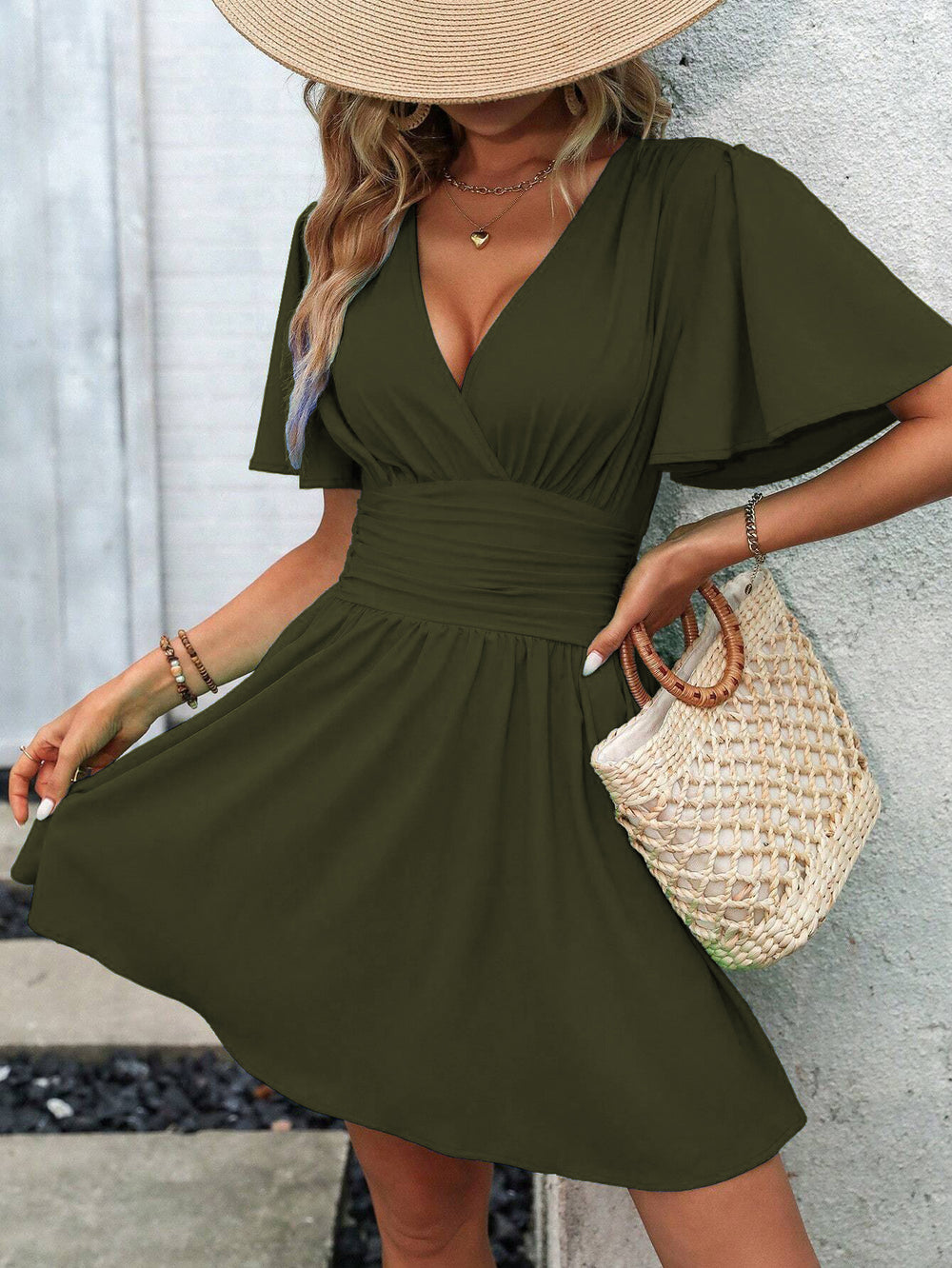 Summer new arrival: deep v-neck ruffle sleeve solid color shirred dress