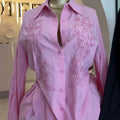European and american cross-border women's fashion:  summer new collection - stylish turn-down collar solid color beaded long sleeve blouse and high-waisted pants set