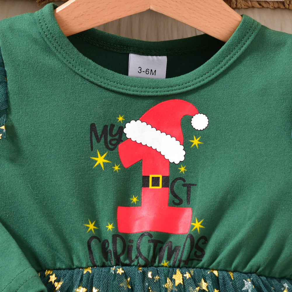 Baby girl christmas party outfit long sleeve patchwork mesh romper dress