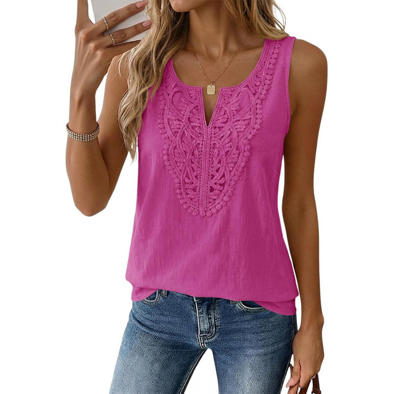 Amazon sleeveless v-neck linen shirt -  summer new arrival - lace bohemian style vacation tank top