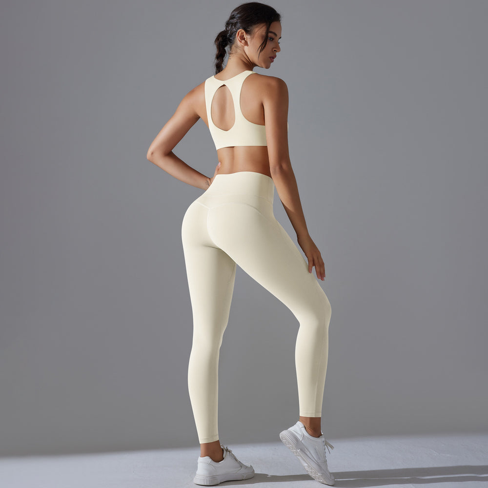 New solid color seamless underwear double-sided jacquard back sports yoga set - high elasticity, tight fit, fitness, and antibacterial yoga apparel