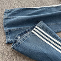 Women's casual fall outfit: loose-fit fashion two-piece set with color-blocked striped long-sleeve denim jacket and high-waisted wide-leg pants