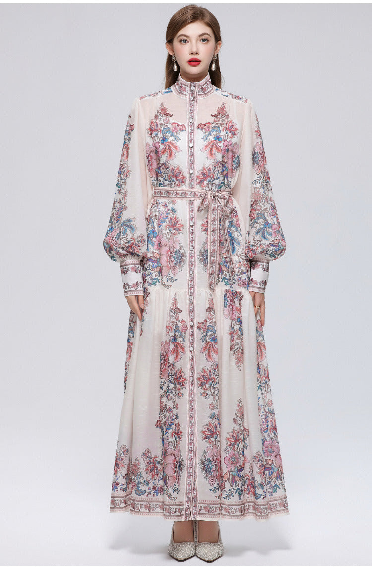 French retro print lantern sleeve dress - women's autumn korean style tie-waist slimming a-line maxi dress - commute friendly