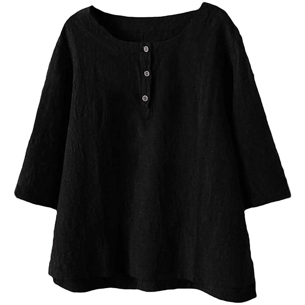 2025 cross-border amazon fashion women's round neck mid-sleeve solid color snap button cotton linen t-shirt - loose fit trendy brand