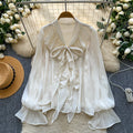 Korean style commute chic pink bow tie blouse - women's summer long sleeve ruffle trim loose fit solid color top