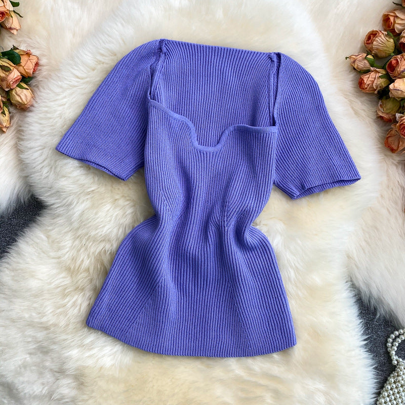 Summer hot girl style short t-shirt short sleeve sense of designniche style square neck heart exposed collarbone exposed navel knitting shirttops women