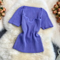 Summer hot girl style short t-shirt short sleeve sense of designniche style square neck heart exposed collarbone exposed navel knitting shirttops women
