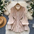French chic beaded breathable blouse - women's summer long sleeve loose fit workwear white top with unique design