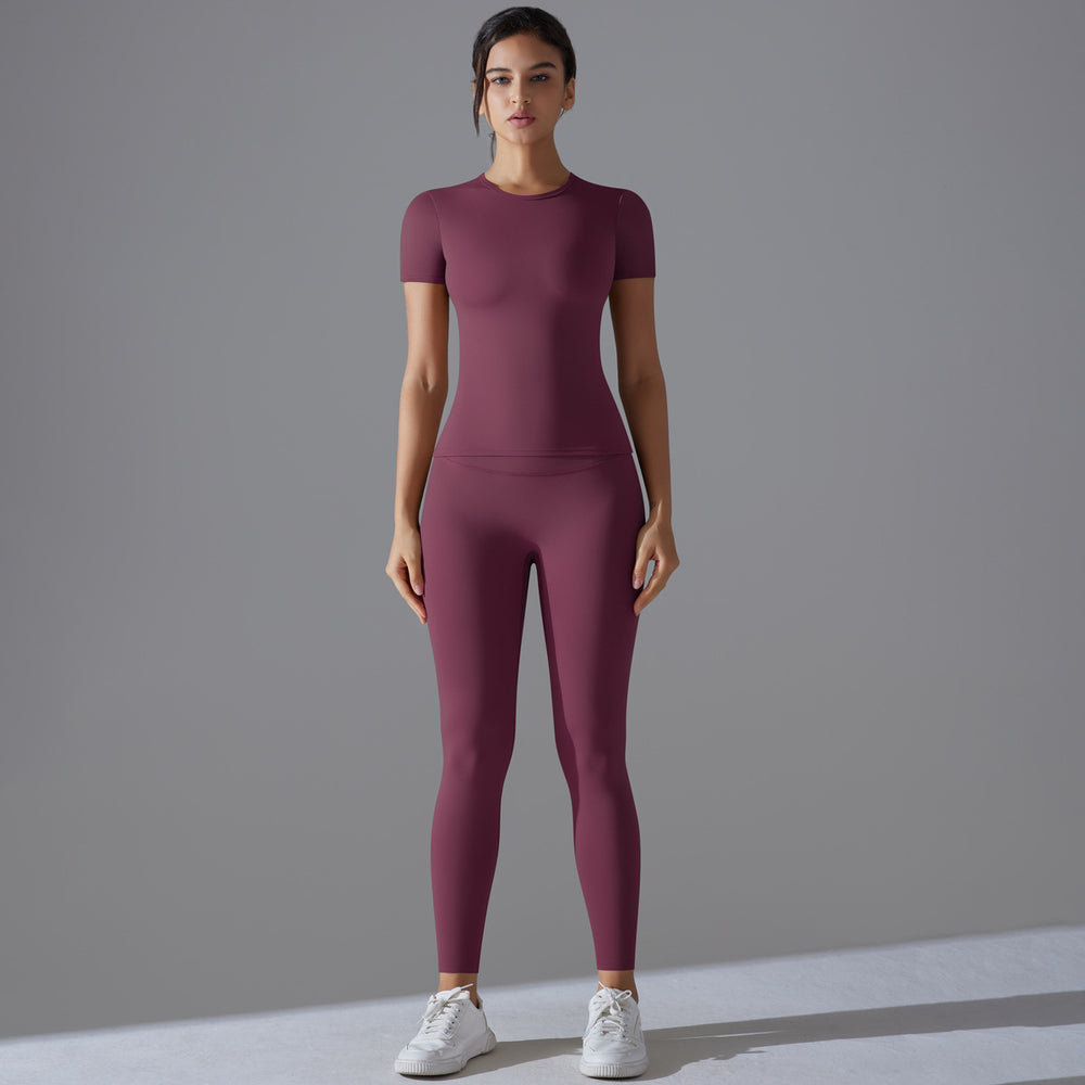 new nude feel compression short-sleeve yoga set - high-waisted, butt-lifting, quick-dry running & fitness activewear two-piece