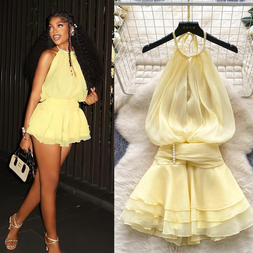 Pure desire halter beaded suspender dress goddess elegant waist ruffles chiffon skirt fairy vacation skirt